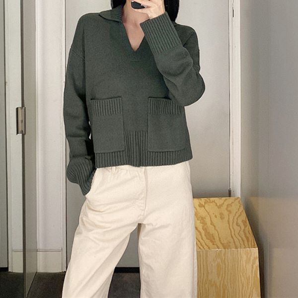 sweaters solid color sweaters women v-neck autumn winter long sleeve knitwear pullovers with large pockets, White;black
sweaters solid color sweaters women v-neck autumn winter long sleeve knitwear pullovers with large pockets, White;black