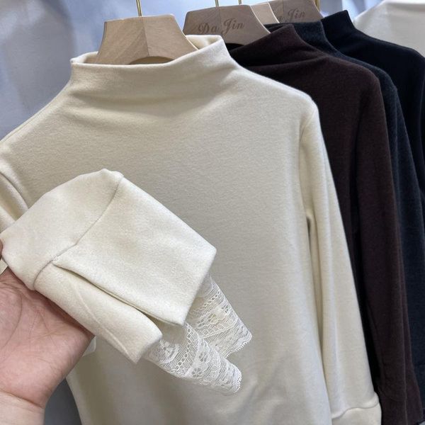 women's t-shirt woman tshirts turtleneck cuff lace stitching coat winter mujer camisetas, White
women's t-shirt woman tshirts turtleneck cuff lace stitching coat winter mujer camisetas, White