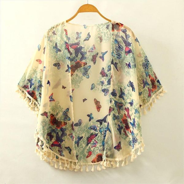 artguy summer beach fashion womens blouses butterfly print fringe trim floral pattern chiffon cape shawl, White
artguy summer beach fashion womens blouses butterfly print fringe trim floral pattern chiffon cape shawl, White
