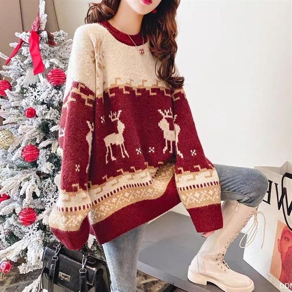 women's sweaters red christmas deer knitted sweater pullover 2021 autumn winter korean loose lazy top, White;black
women's sweaters red christmas deer knitted sweater pullover 2021 autumn winter korean loose lazy top, White;black