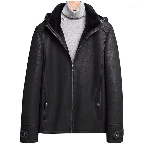 men's leather & faux winter fur hooded jacket genuine sheepskin mens outerwear thickened shearling coat men, Black
men's leather & faux winter fur hooded jacket genuine sheepskin mens outerwear thickened shearling coat men, Black