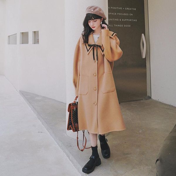 women's wool & blends autumn winter sailor collar camel long woolen coat for women vintage elegant single breasted loose overcoat windb, Black
women's wool & blends autumn winter sailor collar camel long woolen coat for women vintage elegant single breasted loose overcoat windb, Black