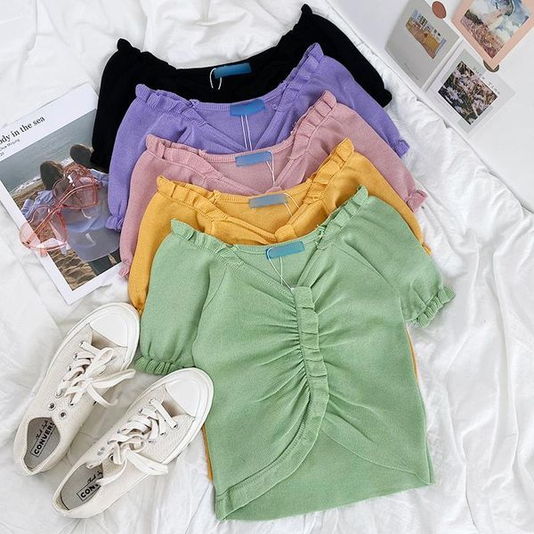 women's t-shirt cute wood ears puff sleeve retro v-neck pleated slim-fit short-sleeved knitted, White
women's t-shirt cute wood ears puff sleeve retro v-neck pleated slim-fit short-sleeved knitted, White