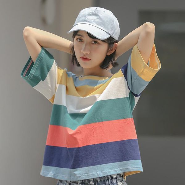 women's t-shirt women t-shirts girls cotton short sleeve students loose striped summer versatile rainbow tees p2230, White
women's t-shirt women t-shirts girls cotton short sleeve students loose striped summer versatile rainbow tees p2230, White