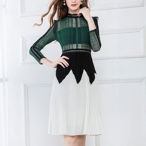 dress spring summer evening vestido women color block lace embroidery patchwork 3/4 sleeve mid-calf pleated dress, Black;gray
dress spring summer evening vestido women color block lace embroidery patchwork 3/4 sleeve mid-calf pleated dress, Black;gray