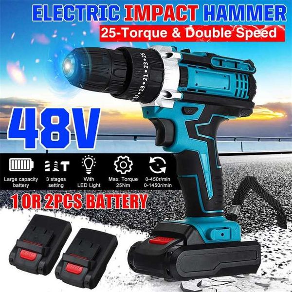 48v cordless impact drill electric screwdriver hammer drill 25+3 turque power screw driver tools with 2 li-ion battery 211027
48v cordless impact drill electric screwdriver hammer drill 25+3 turque power screw driver tools with 2 li-ion battery 211027