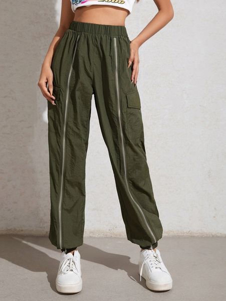 elastic waist zipper front flap pocket pants t4ev#, Black;white