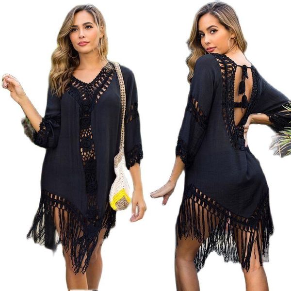 women's swimwear white color v-neck hook hollow loose beach bikini skirt blouse half sleeve backless hand splicing cover-ups, White;black
women's swimwear white color v-neck hook hollow loose beach bikini skirt blouse half sleeve backless hand splicing cover-ups, White;black