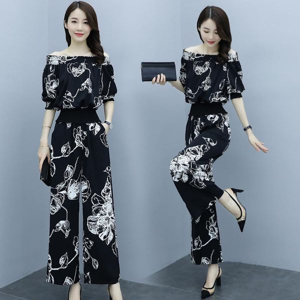 women's two piece pants realtime 2021 style flower professional suit summer fashion temperament show thin wide leg sets of women, White
women's two piece pants realtime 2021 style flower professional suit summer fashion temperament show thin wide leg sets of women, White