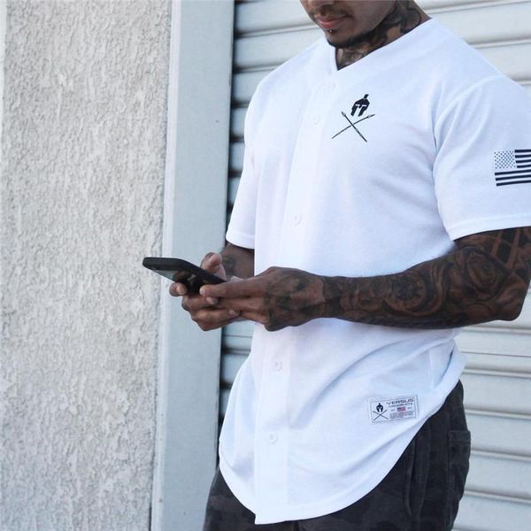 european and american style short-sleeved cardigan men's t-shirt sports fitness running slim breathable t-shirts, White;black
european and american style short-sleeved cardigan men's t-shirt sports fitness running slim breathable t-shirts, White;black