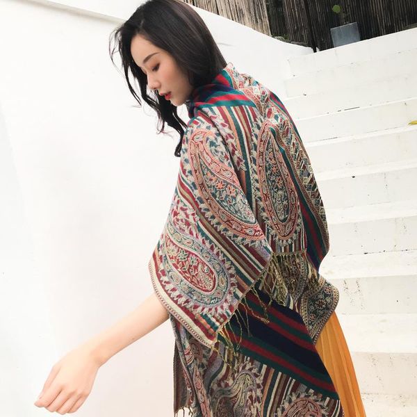 scarves oversized ethnic style women scarf tassels print female thick travel shawl bufanda mujer, Blue;gray