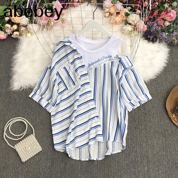 women's blouses & shirts 2021 summer fashion all-match o-neck short sleeve shirt irregular stitching design off shoulder striped top, White
women's blouses & shirts 2021 summer fashion all-match o-neck short sleeve shirt irregular stitching design off shoulder striped top, White