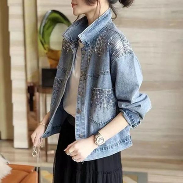 women's jackets 2021 korean fashion female sequin short single breasted loose lapel blue cowboy coat jaqueta jeans, Black;brown
women's jackets 2021 korean fashion female sequin short single breasted loose lapel blue cowboy coat jaqueta jeans, Black;brown