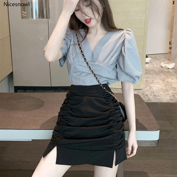 elegant v-neck bubble short sleeve plaid shirt high waist pleated skirt women's two-piece suit summer suits & blazers, White;black
elegant v-neck bubble short sleeve plaid shirt high waist pleated skirt women's two-piece suit summer suits & blazers, White;black