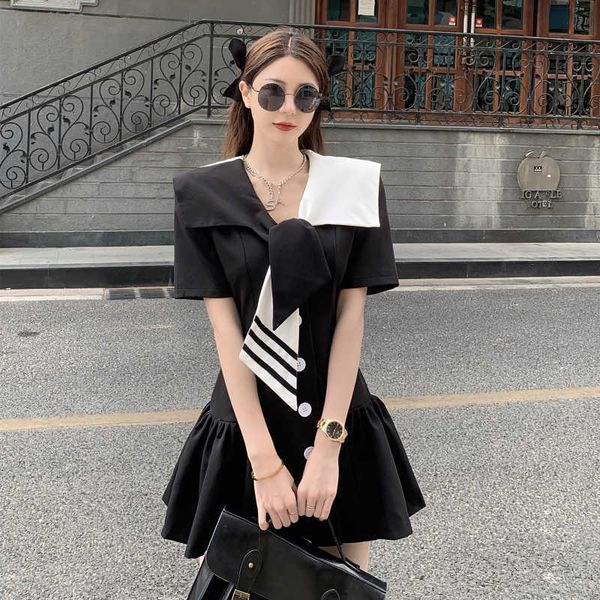 black white short sleeve contrast sailor collar blazers dress women summer slim waist temperament vintage vestido de mujer 210610, Black;gray
black white short sleeve contrast sailor collar blazers dress women summer slim waist temperament vintage vestido de mujer 210610, Black;gray
