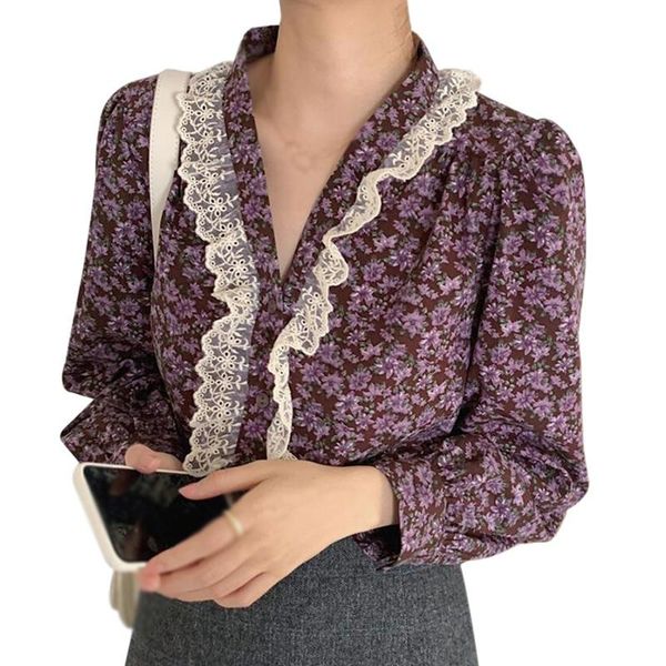 women's blouses & shirts fashion floral v neck lace splicing casual sweet long sleeve spring, White