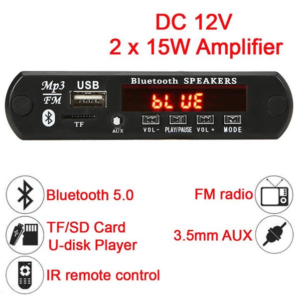 2*15w mp3 bluetooth 5.0 decoder board 12v car fm radio module support tf usb aux wma wav player & mp4 players
2*15w mp3 bluetooth 5.0 decoder board 12v car fm radio module support tf usb aux wma wav player & mp4 players