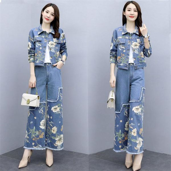 women's two piece pants spring autumn 2021 retro denim short jacket and wide leg two-piece suit women casual printing ladies 2 set, White 
women's two piece pants spring autumn 2021 retro denim short jacket and wide leg two-piece suit women casual printing ladies 2 set, White