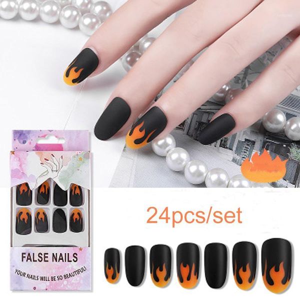 24pcs/set punk fire pattern matte false nails dark black pre-design short round head full cover nail tips fnished art1, Red;gold
24pcs/set punk fire pattern matte false nails dark black pre-design short round head full cover nail tips fnished art1, Red;gold
