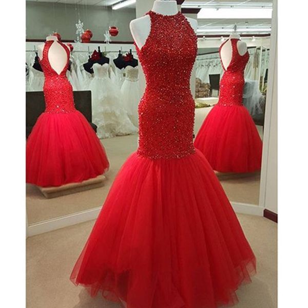 red mermaid prom dresses for pageant halter women major beading tulle formal evening party gowns, Black
red mermaid prom dresses for pageant halter women major beading tulle formal evening party gowns, Black