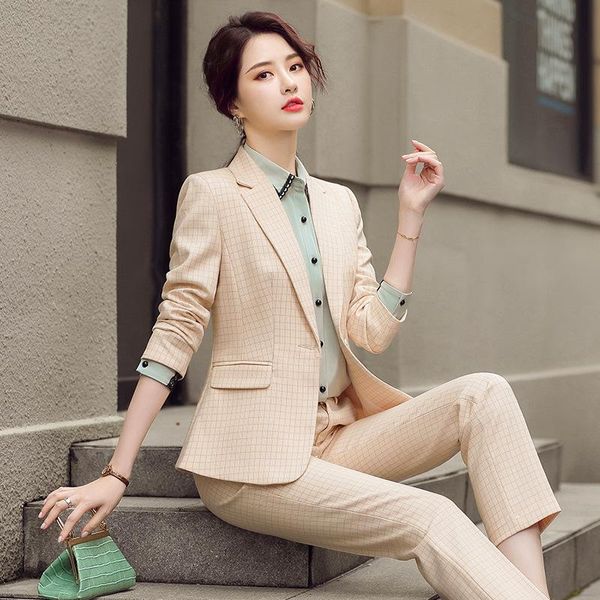 autumn and winter wear temperament professional women's suit pants two-piece business plaid ladies blazer slim trousers two piece, White 
autumn and winter wear temperament professional women's suit pants two-piece business plaid ladies blazer slim trousers two piece, White