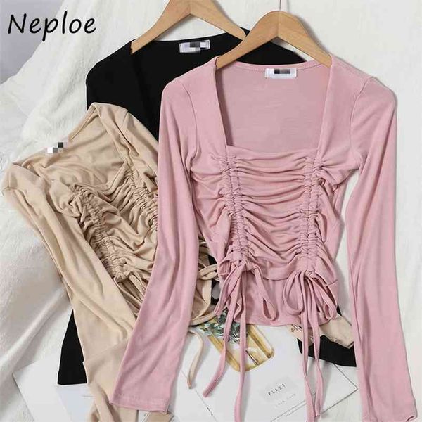 autumn double drawstring t shirts women hollow out waist casual t-shirt all-match square collar femme clothing 210422, White 
autumn double drawstring t shirts women hollow out waist casual t-shirt all-match square collar femme clothing 210422, White