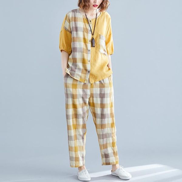 women's two piece pants literary plaid cotton linen sets female summer 2021 shirt plus size nine-point fashion two-piece suit, White
women's two piece pants literary plaid cotton linen sets female summer 2021 shirt plus size nine-point fashion two-piece suit, White