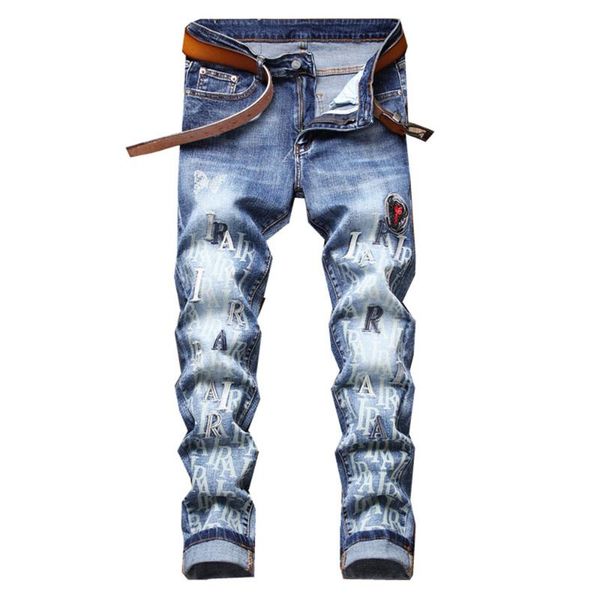 men's jeans letters embroidery printed denim streetwear slim straight stretch pants blue trousers
men's jeans letters embroidery printed denim streetwear slim straight stretch pants blue trousers