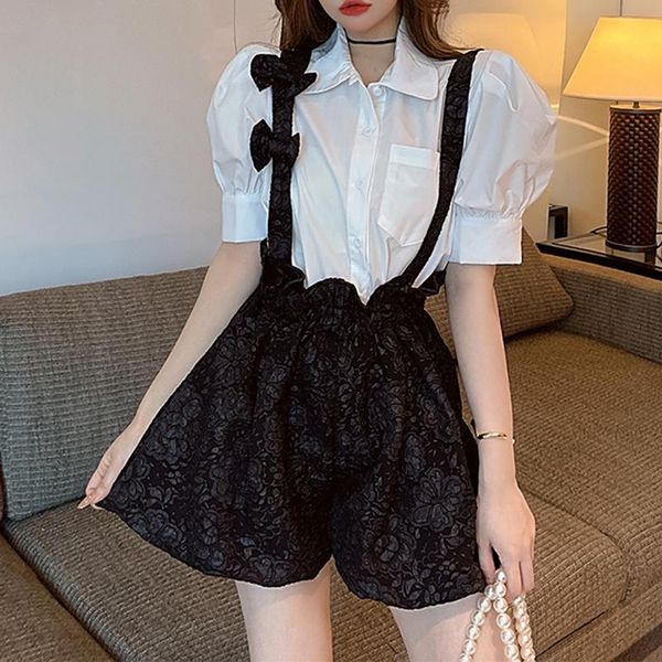women sweet two-piece set solid color puff sleeve shirt bow jacquard pleated elastic waist overalls wide leg pants t3043 women's tracks, Gray
women sweet two-piece set solid color puff sleeve shirt bow jacquard pleated elastic waist overalls wide leg pants t3043 women's tracks, Gray