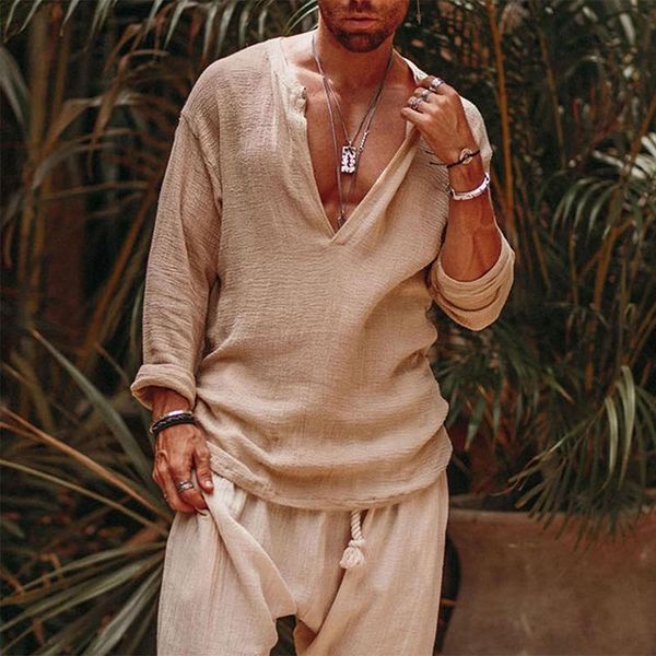 men's casual shirts vintage solid long sleeve pullovers men cotton linen v-neck 2021 autumn fashion streetwear, White;black
men's casual shirts vintage solid long sleeve pullovers men cotton linen v-neck 2021 autumn fashion streetwear, White;black
