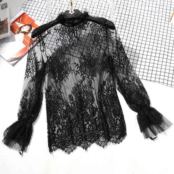 spring summer lace women mesh blouses see-through long sleeve shirt blouse, White