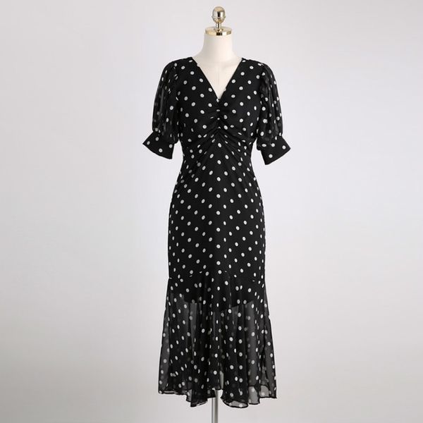 black polka dot summer latest dress waist temperament fishtail skirt lace bag hip v-neck party 210423, Black;gray
black polka dot summer latest dress waist temperament fishtail skirt lace bag hip v-neck party 210423, Black;gray