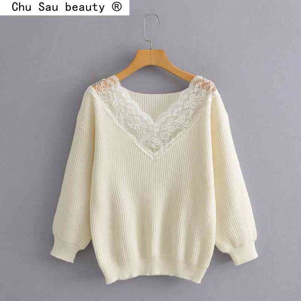 chic loose stitching lace v-neck white sweater woman autumn fashion solid all-match thick base coat pullover 210514, White;black
chic loose stitching lace v-neck white sweater woman autumn fashion solid all-match thick base coat pullover 210514, White;black