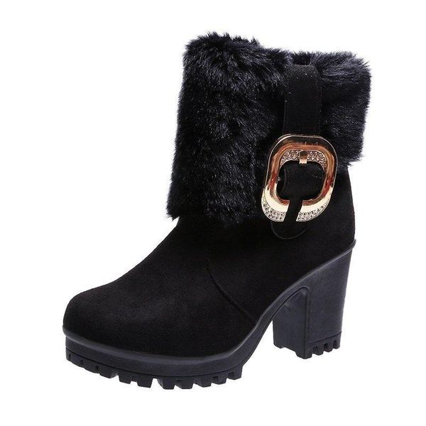 boots winter 2021 women thick heel short fashion warm and velvet snow, Black