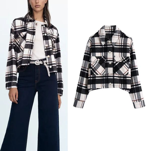 two piece dress za black plaid cropped overshirts women casual long sleeve collared shirt coat autumn patch pocket metal button female te16, White
two piece dress za black plaid cropped overshirts women casual long sleeve collared shirt coat autumn patch pocket metal button female te16, White