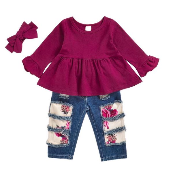 girl's 3pcs clothes set, long flared sleeve ruffled hem with patchwork denim pants and bow headband clothing sets, White
girl's 3pcs clothes set, long flared sleeve ruffled hem with patchwork denim pants and bow headband clothing sets, White