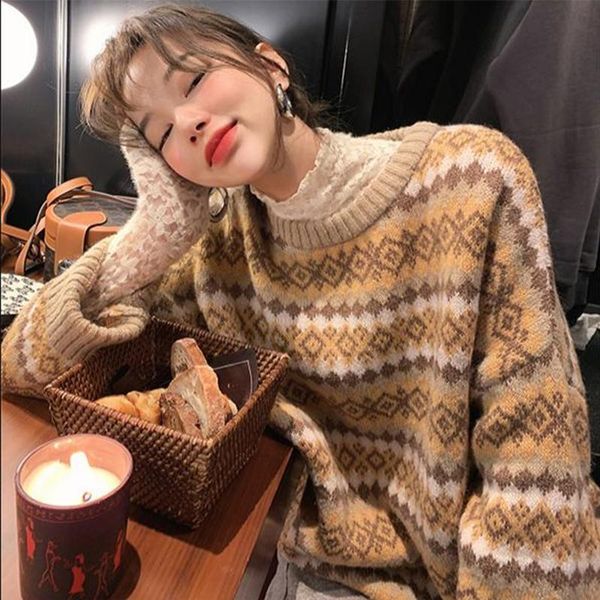 women's sweaters women pullover sweater retro striped color matching jacquard pattern knit autumn winter fashion diamond loose hoodie, White;black
women's sweaters women pullover sweater retro striped color matching jacquard pattern knit autumn winter fashion diamond loose hoodie, White;black