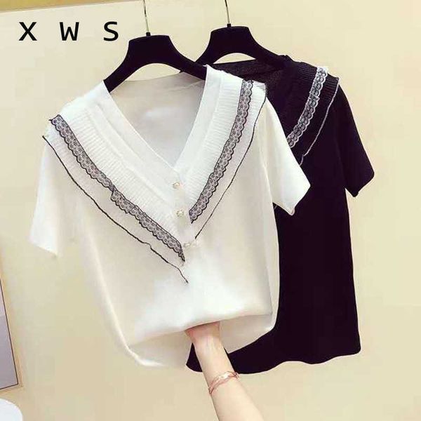 oversize women sweater and pullover short sleeve v neck lace patchwork summer thin sweater casual kint button jumper 210604, White;black
oversize women sweater and pullover short sleeve v neck lace patchwork summer thin sweater casual kint button jumper 210604, White;black