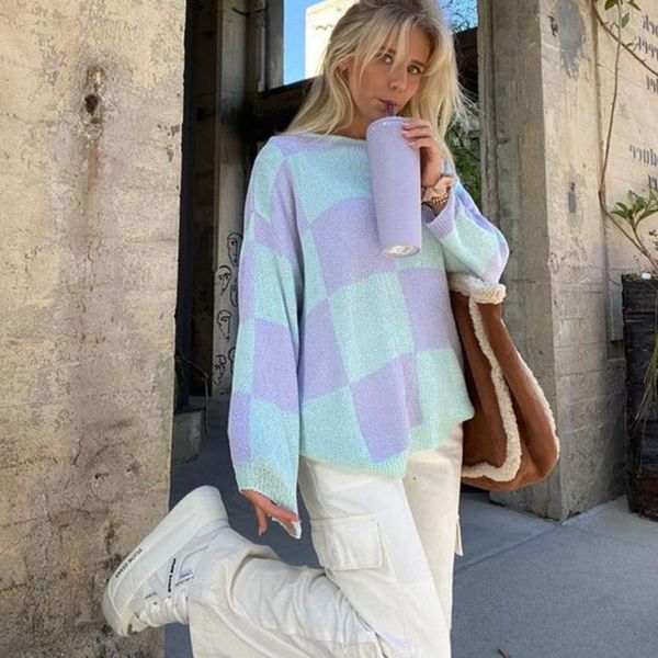 women's sweaters round neck pullover rhombus sweater 2021 fall/winter europe and america loose outer wear casual simple soft knitted to, White;black
women's sweaters round neck pullover rhombus sweater 2021 fall/winter europe and america loose outer wear casual simple soft knitted to, White;black