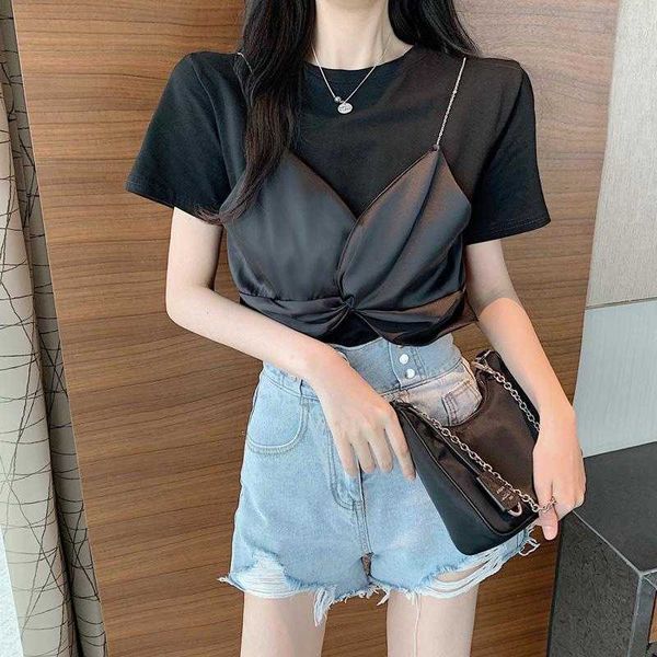 & tees women's clothing summer casual korean chic slim black o neck short sleeve fake two piece t-shirts camisole 210610, White
& tees women's clothing summer casual korean chic slim black o neck short sleeve fake two piece t-shirts camisole 210610, White