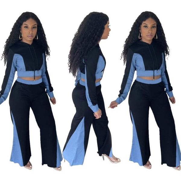 women's two piece pants street wear sets fashion long sleeve hoodies flared trousers color matching casual women wholesale, White
women's two piece pants street wear sets fashion long sleeve hoodies flared trousers color matching casual women wholesale, White