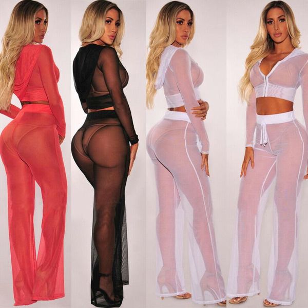 women's swimwear 5colors women beach mesh sheer bikini cover up female hoodie bathing suit +pants set costume, White;black
women's swimwear 5colors women beach mesh sheer bikini cover up female hoodie bathing suit +pants set costume, White;black