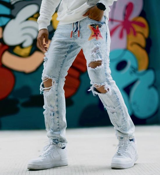 men's jeans american street high brand off distressed hole print drawstring man pants streetwear slim trousers men's clothing, Blue
men's jeans american street high brand off distressed hole print drawstring man pants streetwear slim trousers men's clothing, Blue