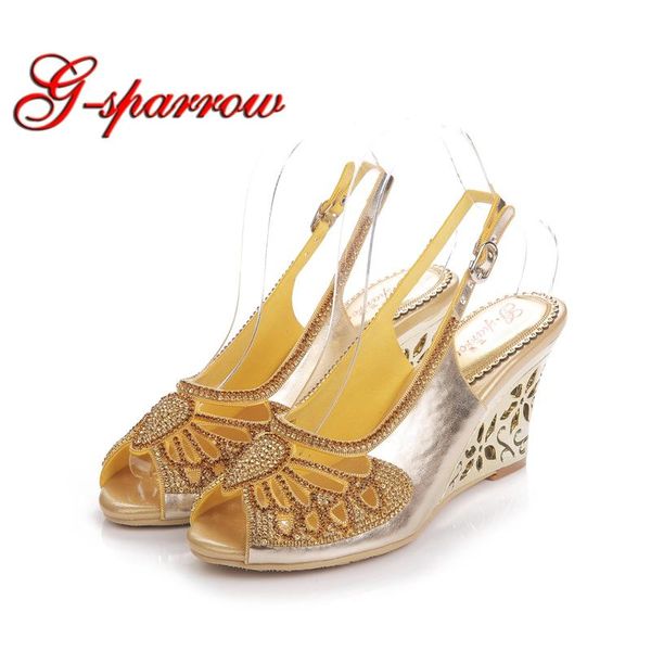 summer wedge heels fashion women sandals peep toe gold bling rhinestone wedding party shoes bombas de calcanhar, Black
summer wedge heels fashion women sandals peep toe gold bling rhinestone wedding party shoes bombas de calcanhar, Black