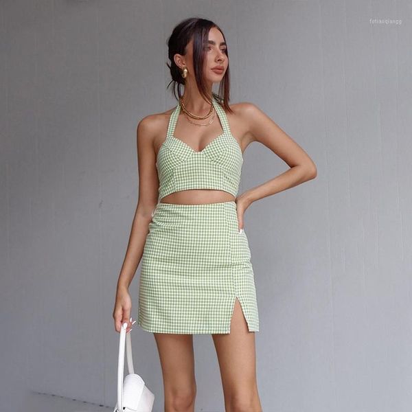 women's tracksuits 2pcs green plaid set women sleeveless halter v neck short vest split skirt ladies girls summer clothes, Gray
women's tracksuits 2pcs green plaid set women sleeveless halter v neck short vest split skirt ladies girls summer clothes, Gray