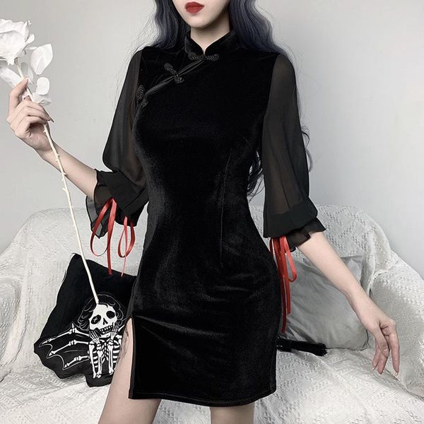 casual dresses balck cheongsam stitching dress women slit lace transparent silk sleeve woman lady slim chinese clothes, Black;gray
casual dresses balck cheongsam stitching dress women slit lace transparent silk sleeve woman lady slim chinese clothes, Black;gray