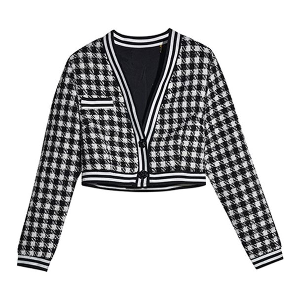 women houndtooth plaid tweed v neck short jacket outwear spring autumn long sleeve button vintage elegeant c0244 210514, Black;brown
women houndtooth plaid tweed v neck short jacket outwear spring autumn long sleeve button vintage elegeant c0244 210514, Black;brown