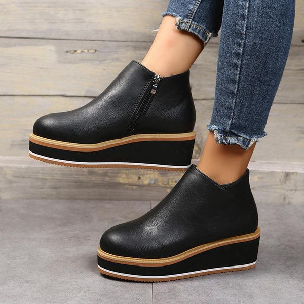 boots winter wedges women comfortable ankle shoes round toe 4cm heel lace up and zip platform, Black