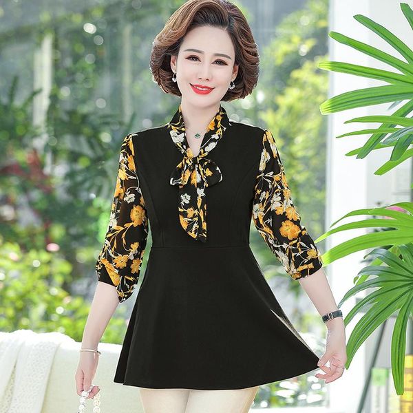 chiffon sleeve women pullover bow collar t-shirt mother clothing spring autumn 2021 female plus size 5xl long tee women's, White 
chiffon sleeve women pullover bow collar t-shirt mother clothing spring autumn 2021 female plus size 5xl long tee women's, White