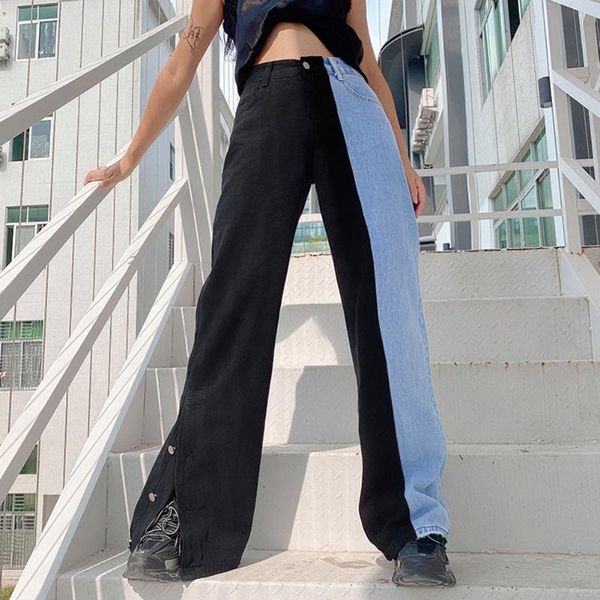women jeans pants patchwork hit color split high rise demin straight fashion long trousers streetwear fall women's, Blue
women jeans pants patchwork hit color split high rise demin straight fashion long trousers streetwear fall women's, Blue